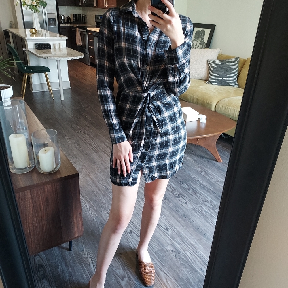 Plaid twist knot button up dress